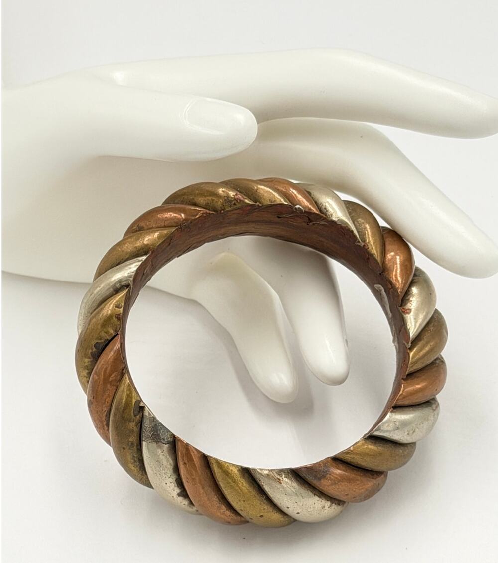 Vintage BoHo Chunky Wood & Metal Bangle Bracelet Bronze Silver Gold Tone